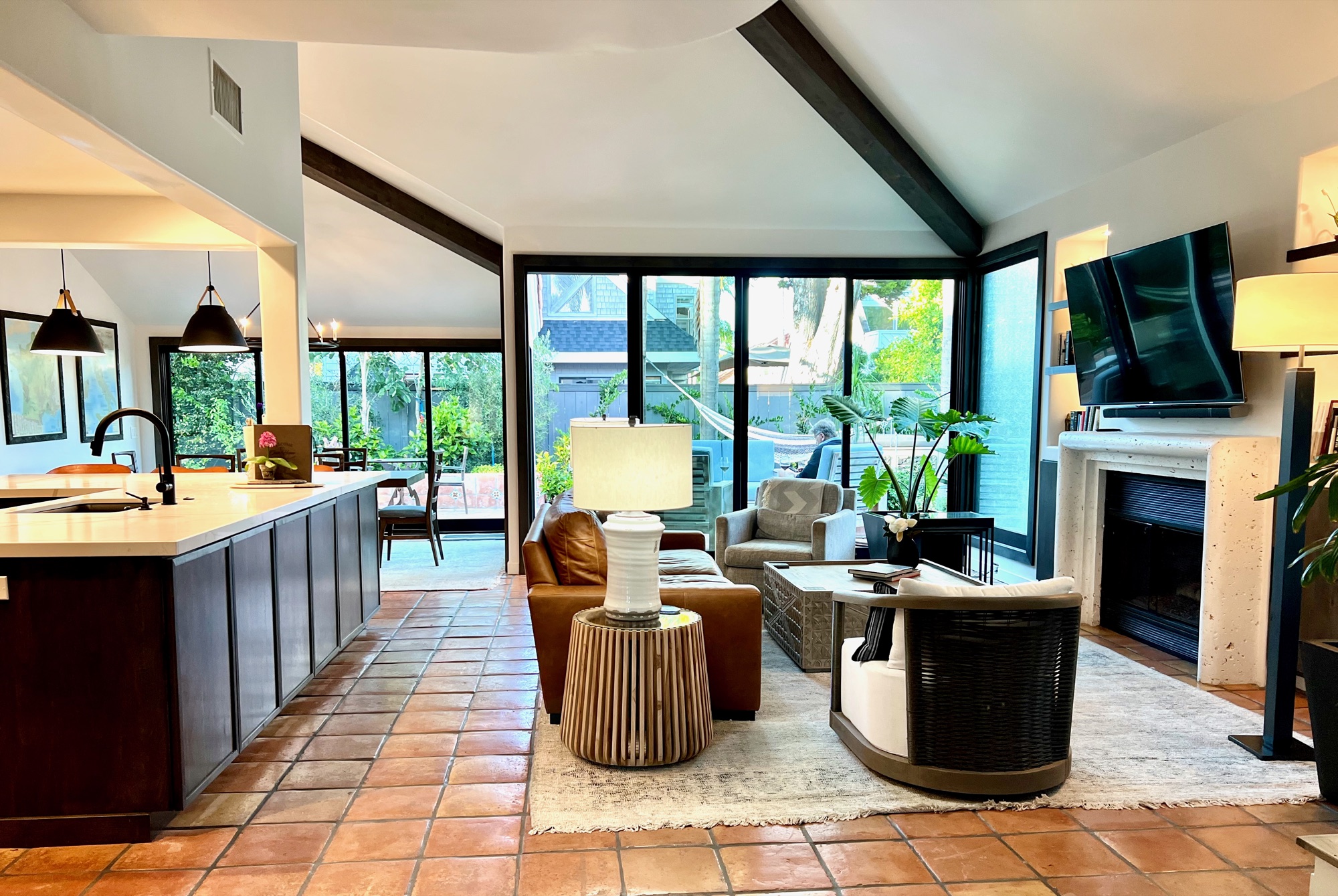 Living room — terracotta tile, cathedral ceiling