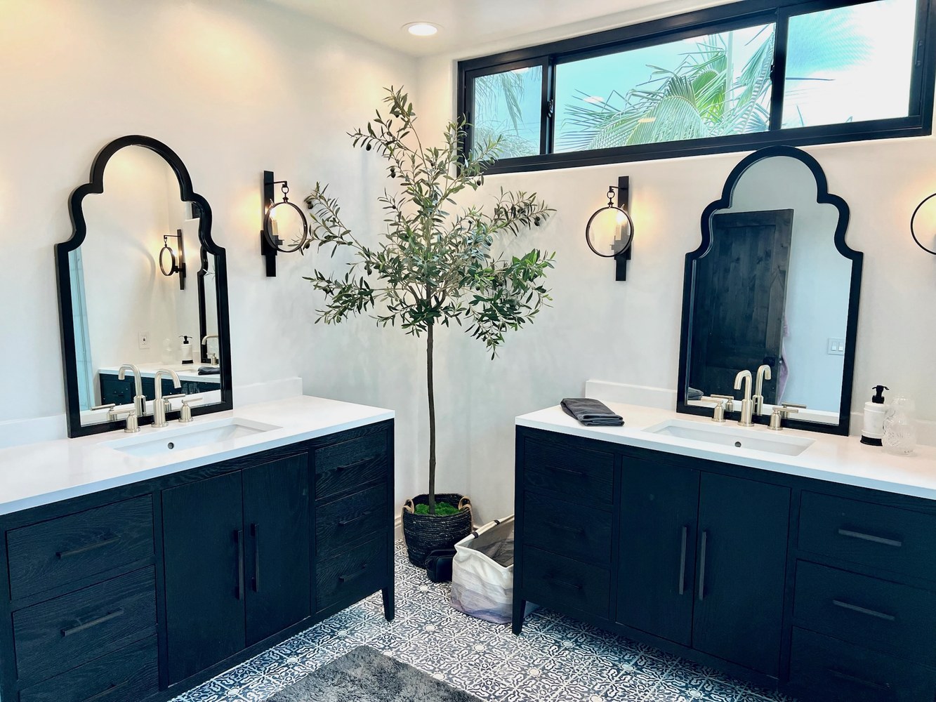 Primary bathroom — Moroccan navy vanity