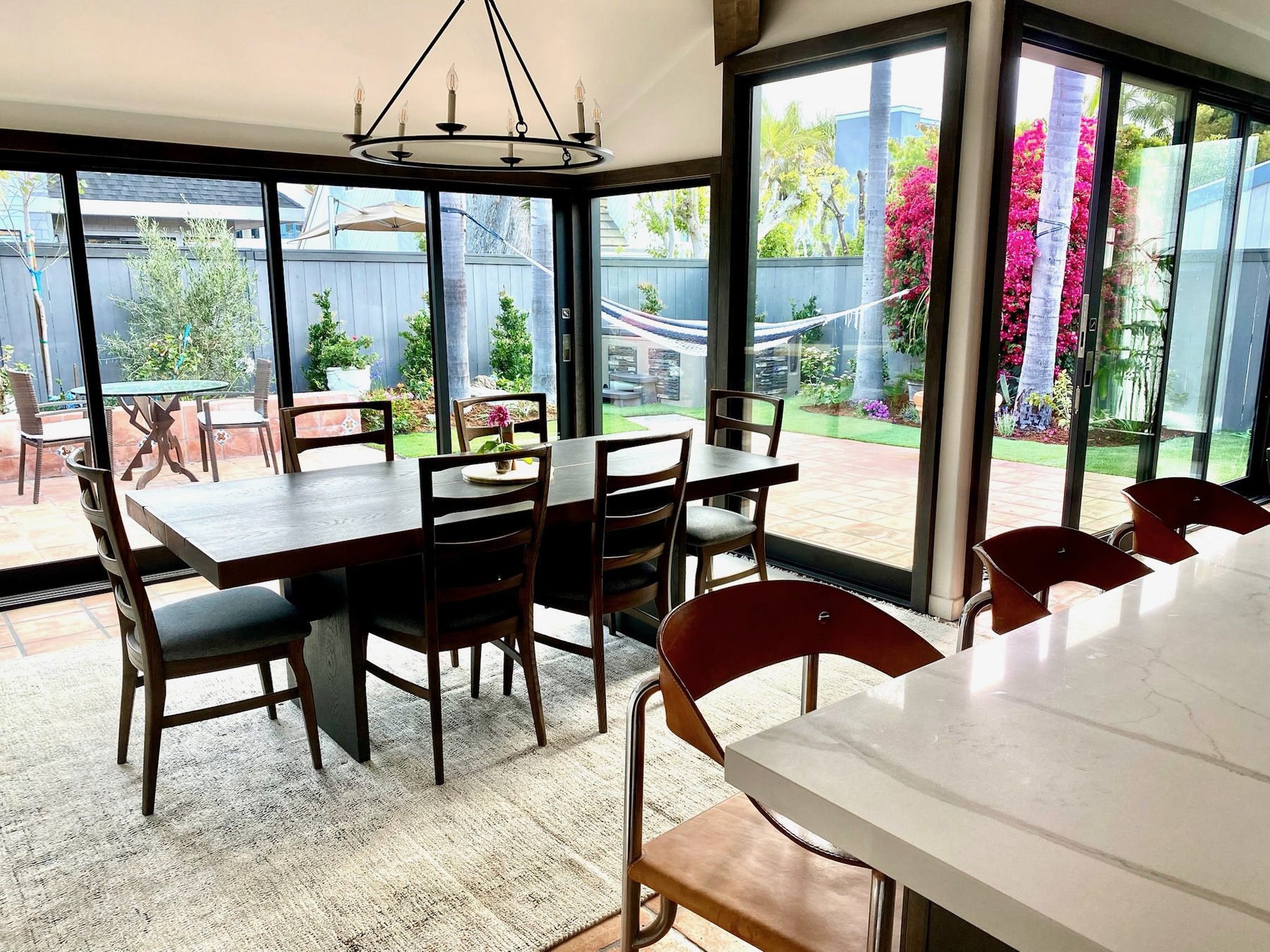 Dining room with garden and ocean views
