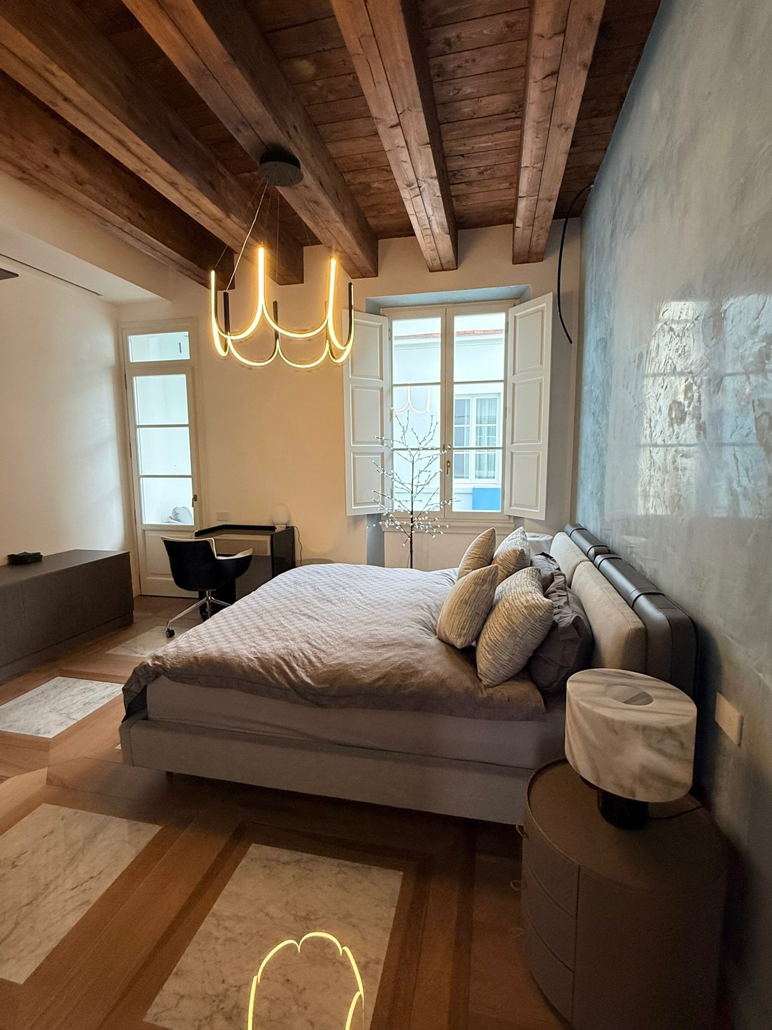 Master bedroom — king bed, pendant lighting
