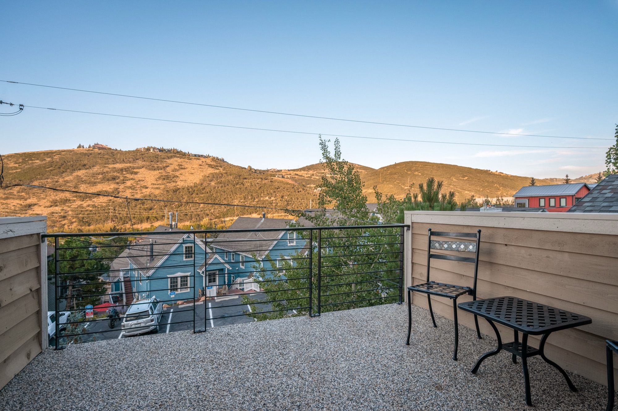 Deck with mountain view at dusk